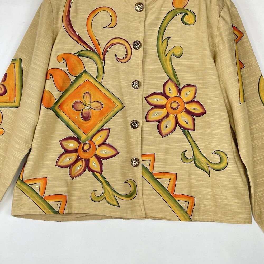 Vintage Alex Kim Women’s Size LP Jacket Yellow Floral Sequined Buttons Closure - Picture 9 of 16